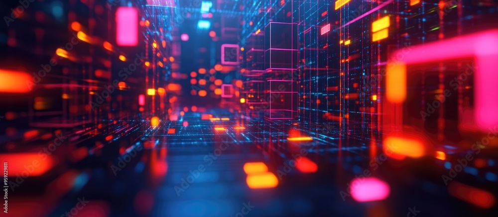 Poster abstract technology concept depicting big data motion graphic illustrating data flow and transfer hi