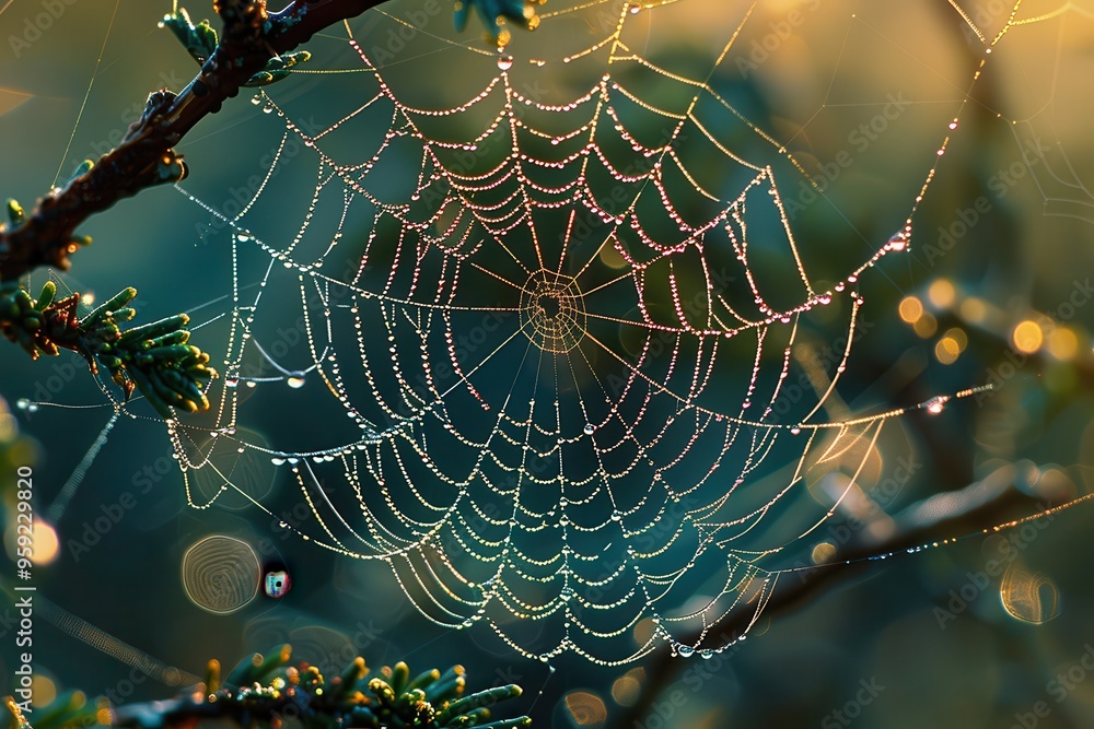 Poster a spider web in the middle of a field delicate patterns of a spider's web covered in dew