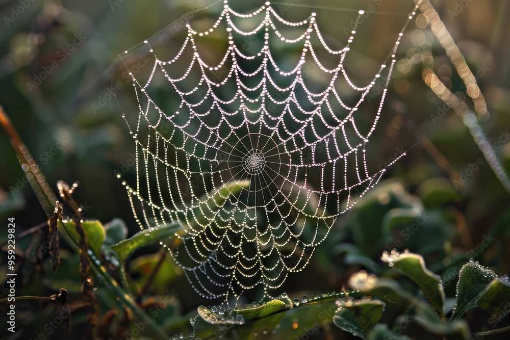 Poster a spider web in the middle of a field delicate patterns of a spider's web covered in dew