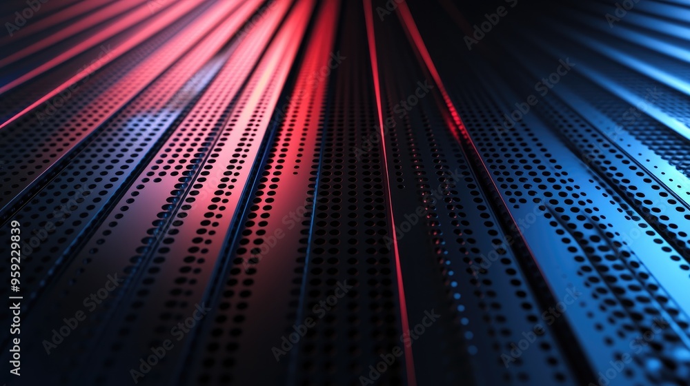 Poster abstract metallic colored strips on a dark perforated surface creating a technological background st