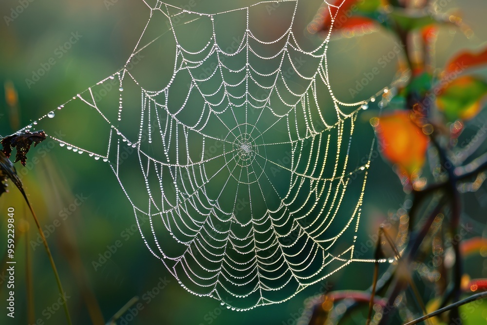 Poster a spider web in the middle of a field delicate patterns of a spider's web covered in dew