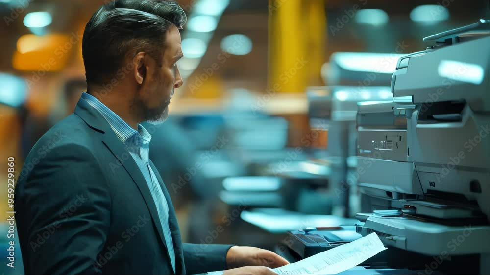 Poster hand operating a high-tech printer in an office setting, focused on document processing