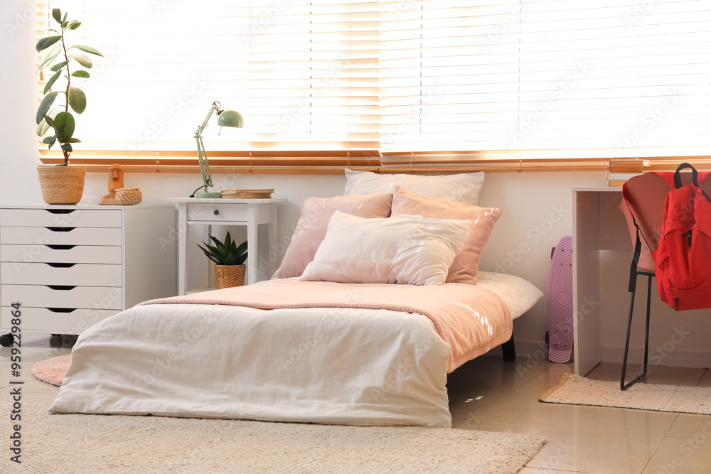 Sticker interior of teenager's room with bed and tables