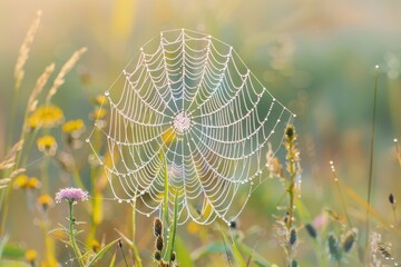 a spider web in the middle of a field delicate patterns of a spider's web covered in dew