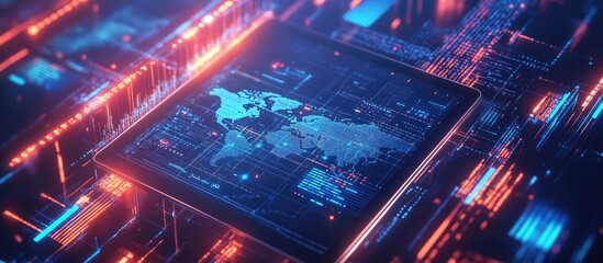 Obraz premium Aerial view of a contemporary digital tablet displaying a creative programming illustration along with a world map highlighting concepts of big data and blockchain 3D rendering