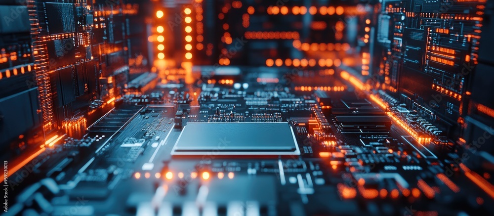 Poster futuristic depiction of computer processors showcasing a 3d rendering of a cpu concept against a hig