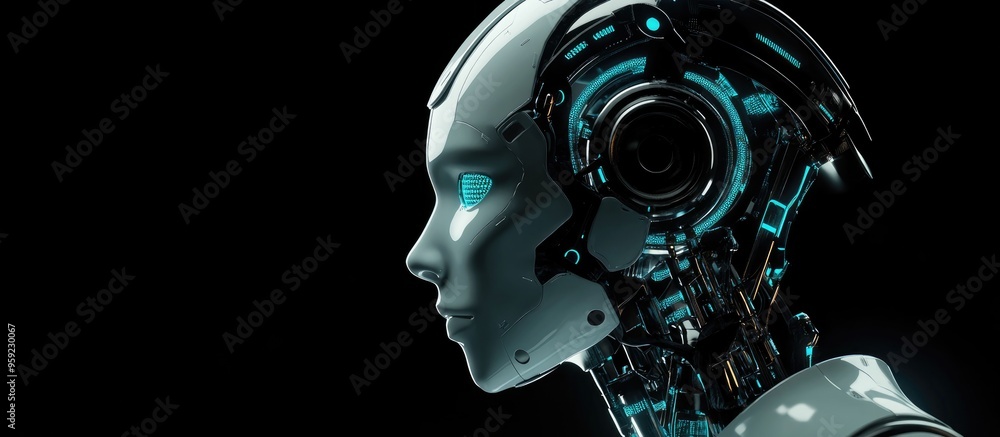 Poster ai robot head from side view showcasing advanced technology and smart design representing a concept 