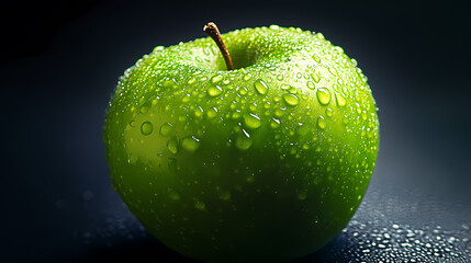 Green apple with water droplets, showcasing health and freshness
