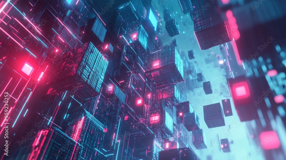 Poster abstract 3d rendering featuring random cubes and electronic shapes depicting a futuristic sci fi cit