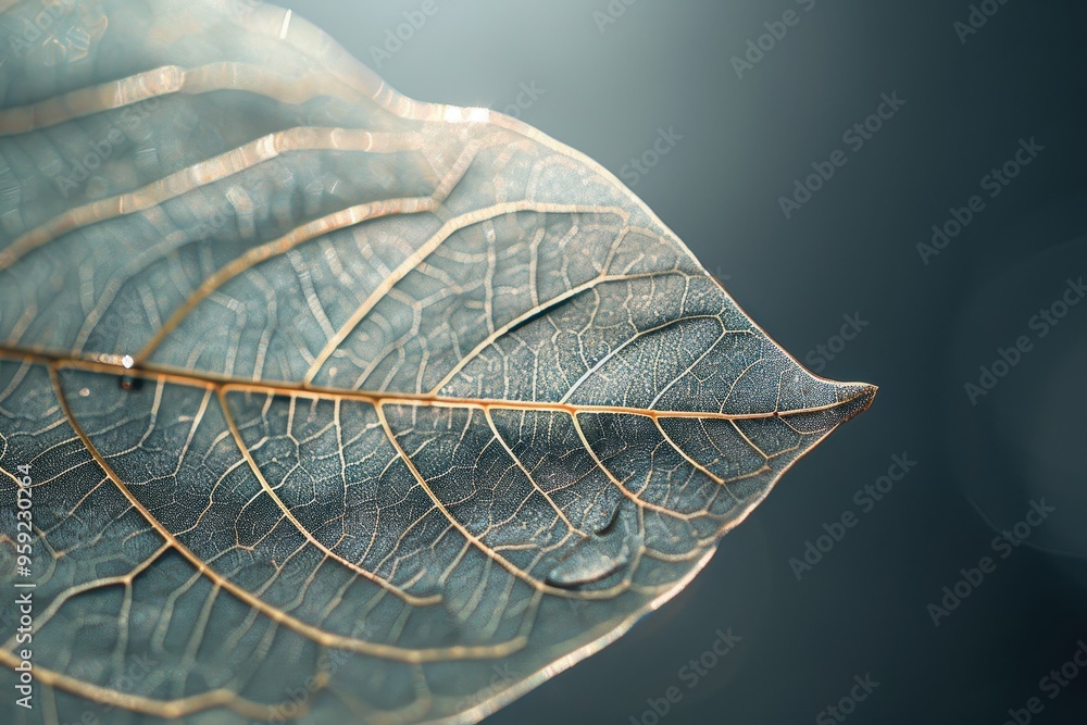 Leinwandbilder a close up of a leaf with a drop of water on it delicate veins of a leaf illuminated by soft light