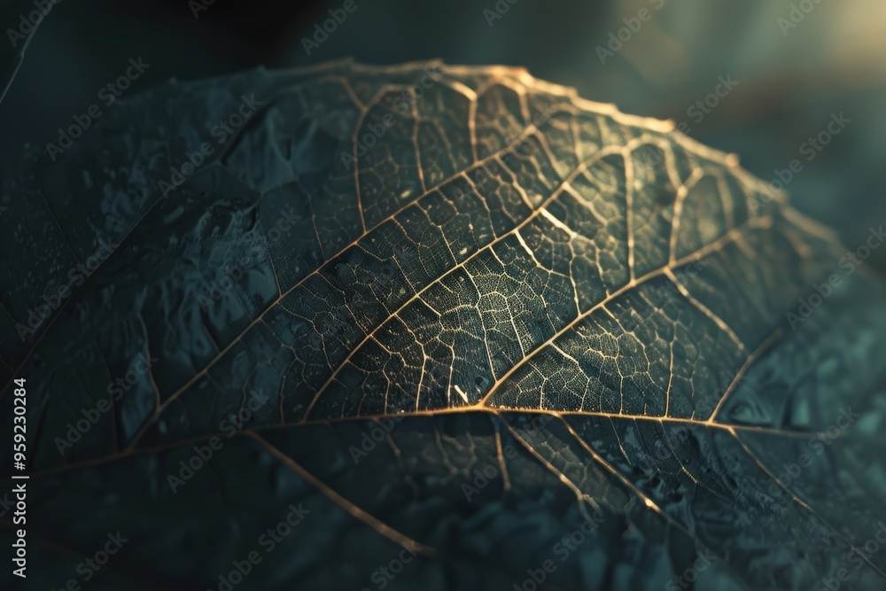 Leinwandbilder a close up of a leaf with a drop of water on it delicate veins of a leaf illuminated by soft light