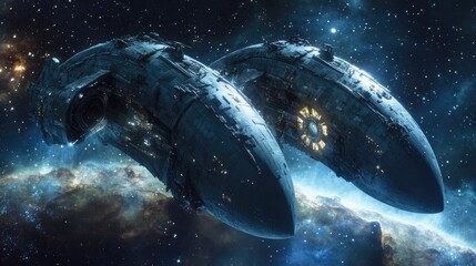 Obraz premium Two halves of a moon shaped spaceship featuring a massive ion drive soaring through outer space toward a nebula in a sci fi futuristic setting