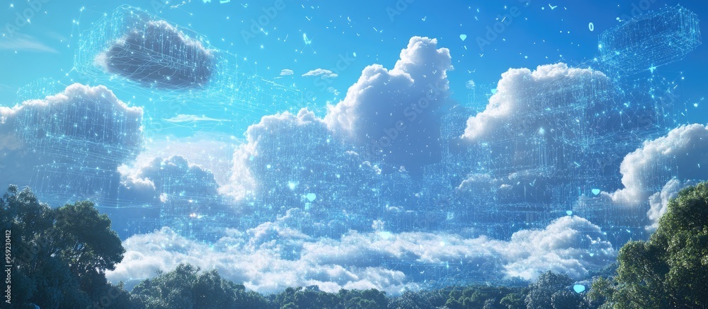 Poster cloud storage technology concept with a sky and nature background illustrating online digital data a