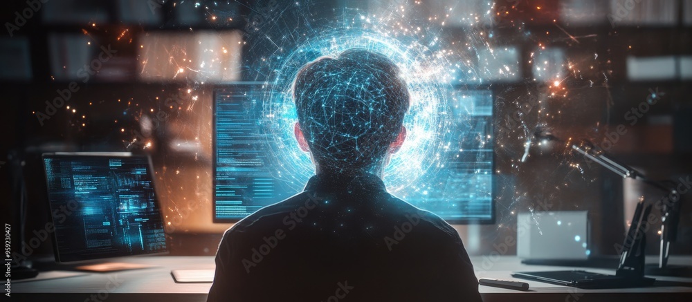 Poster double exposure of a data visualization hologram layered over a top view of a study desk featuring a