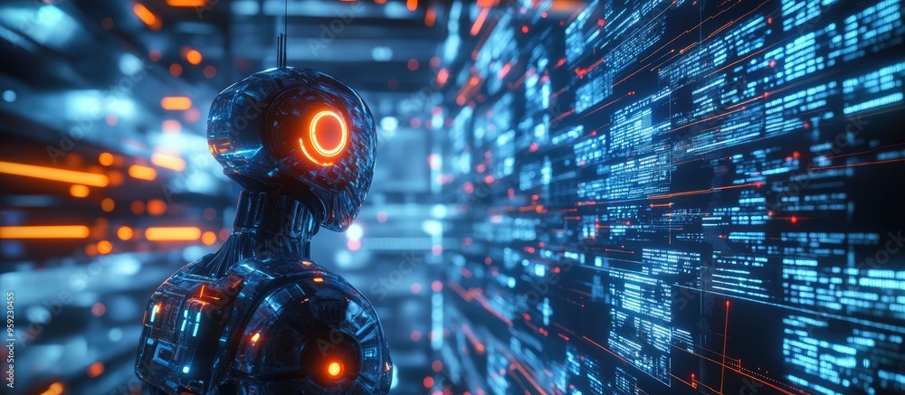 Poster ai powered robot analyzing large datasets in a 3d illustration