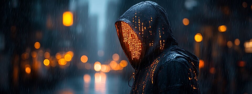 A blue digital hacker with glowing binary code, AI in cybersecurity systems, threat detection algorithms, penetration testing tools, and digital forensics analysis. cybercrime, cyber attack design,