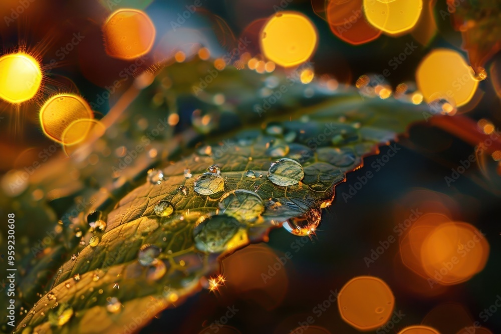 Poster a close up of a leaf with water droplets intricate details of a raindrop clinging to a leaf