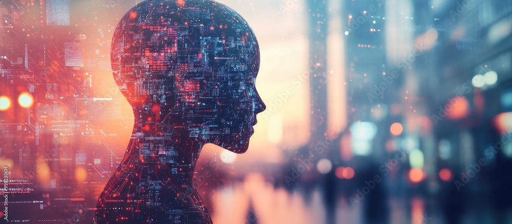 Poster double exposure featuring an innovative artificial intelligence interface set against a blurred city