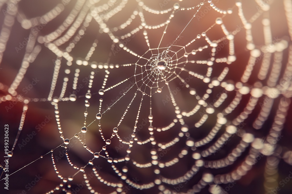 Poster a spider web with water droplets on it intricate details of a spider's web