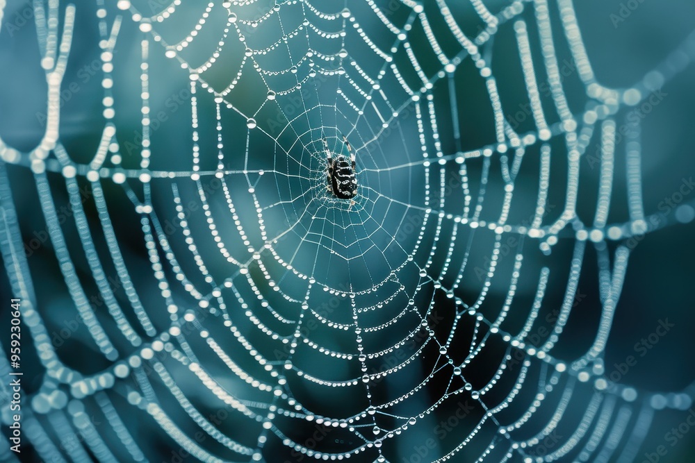 Poster a spider web with water droplets on it intricate details of a spider's web