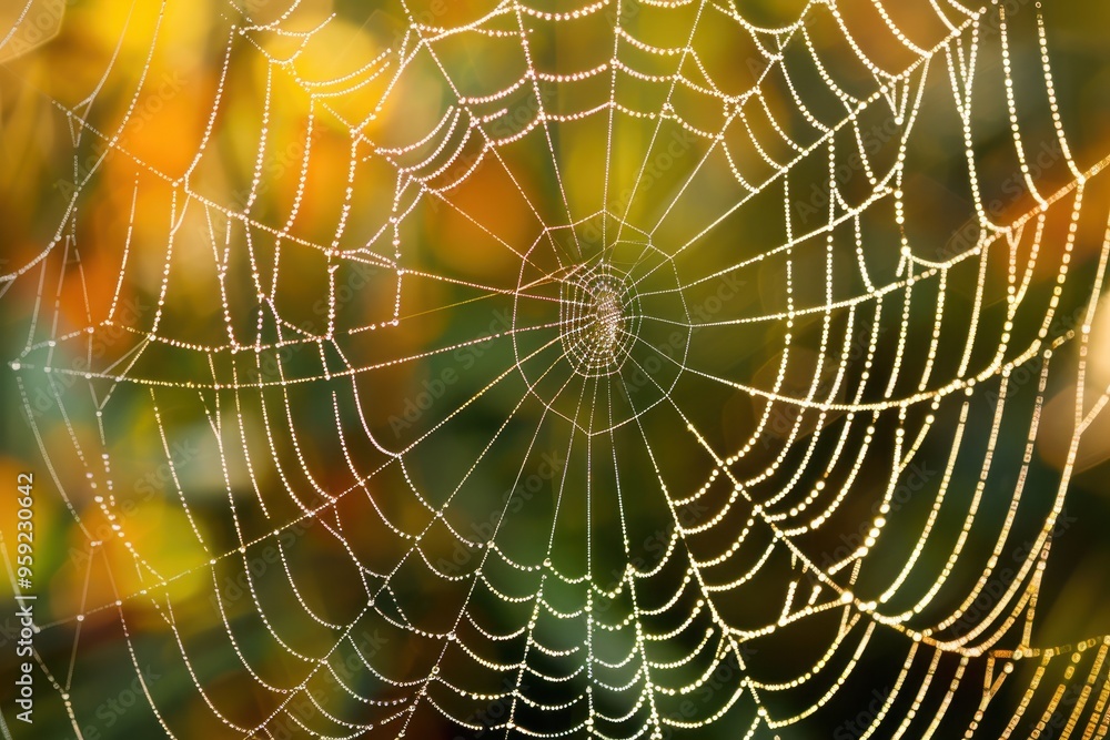 Poster a spider web with water droplets on it intricate details of a spider's web