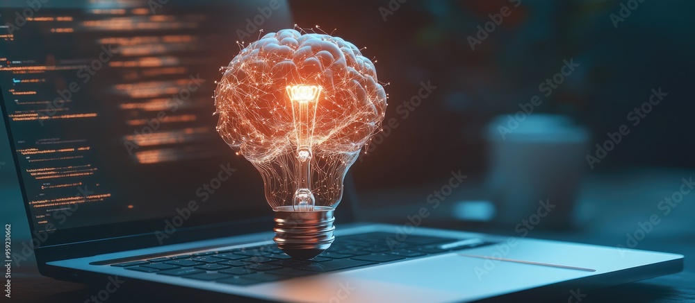 Poster creative concept showcasing a light bulb and human brain illustration on a modern laptop backdrop re