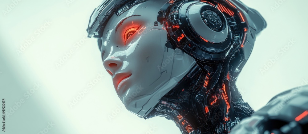 Poster humanoid robot features an artificial intelligence interface with a machine head connected to a supe