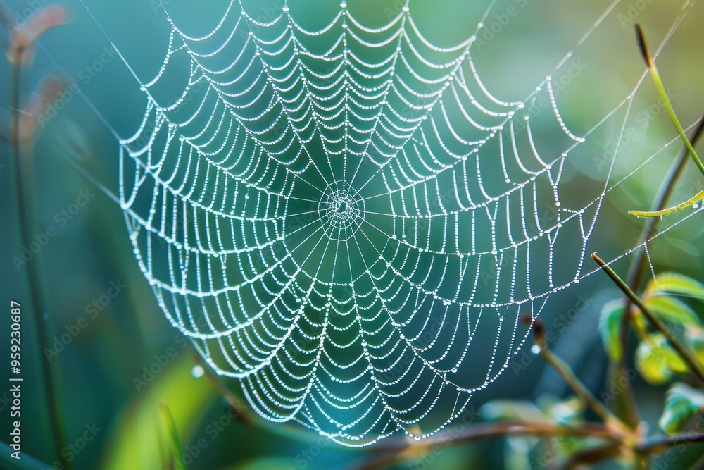 Poster a spider web with water droplets on it intricate details of a spider's web