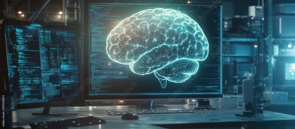 Poster double exposure of a brain illustration layered over a workspace featuring a computer represents the