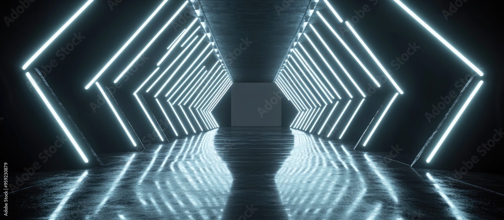 Poster a dark tunnel illuminated by white neon lights featuring reflections on the floor and walls with a v