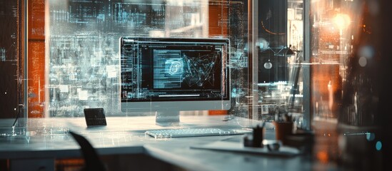 Creative workspace featuring a computer with a technology themed drawing Double exposure illustrating the concept of innovation