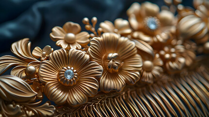 Closeup of Gold Floral Hair Comb with Rhinestones