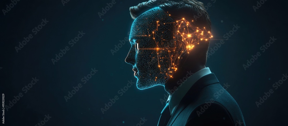 Poster businessman utilizing a 3d rendered digital artificial intelligence head interface against a dark ba