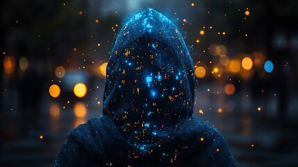 A blue digital hacker with glowing binary code, AI in cybersecurity systems, threat detection algorithms, penetration testing tools, and digital forensics analysis. cybercrime, cyber attack design,