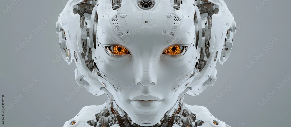 Poster intricately designed robotic face set against a gray backdrop 3d rendering