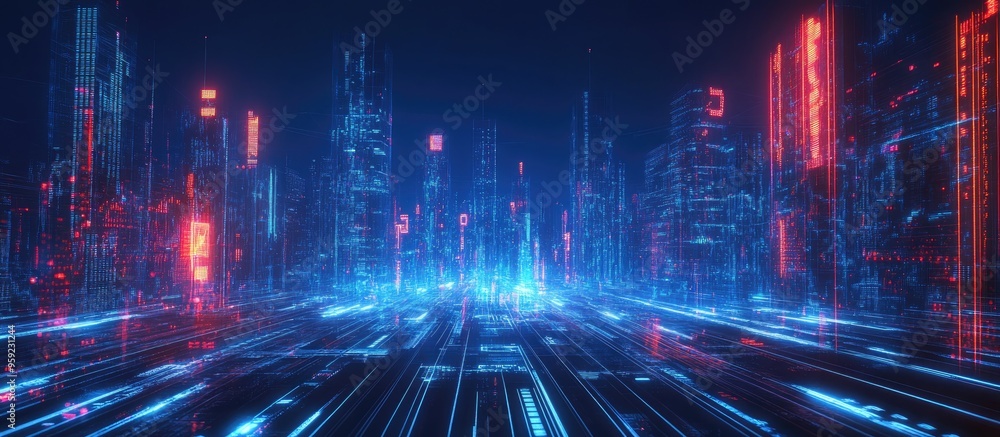 Aufkleber illuminated cityscape with glowing light trails representing connection and advanced technology in a