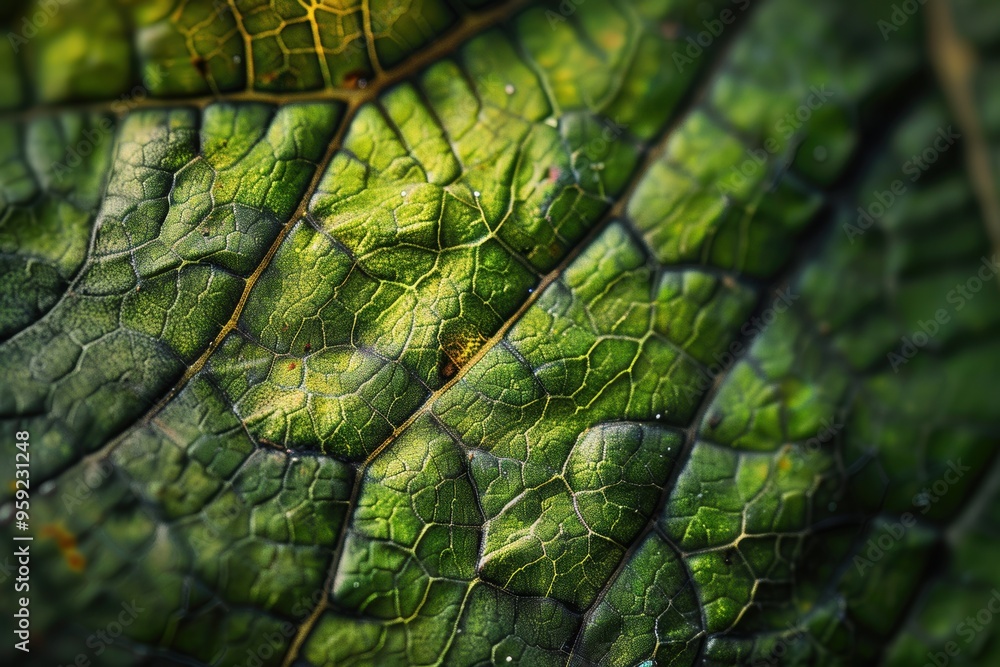 Poster a close up of a leaf with a green background texture of a leaf captured in macro