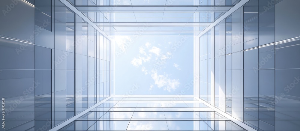 Poster close up of windows with an empty central area revealing the sky of a modern building