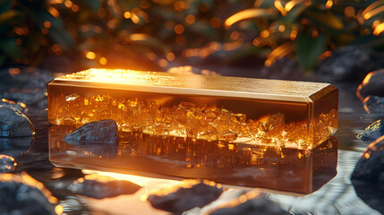 Golden Bar 3D Illustration with Reflections in Water