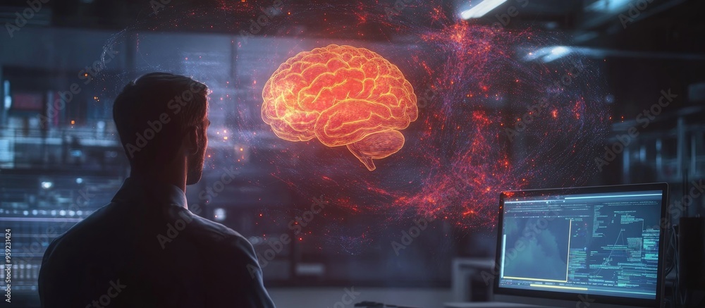 Poster businessman with a computer backdrop featuring a hologram of a brain represents the concept of brain