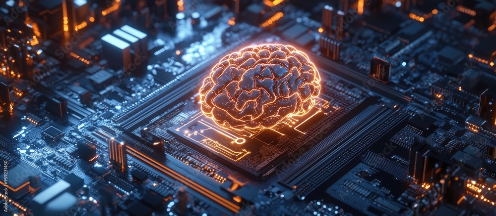 Poster artificial intelligence hardware concept featuring a luminous brain circuit on a computer motherboar