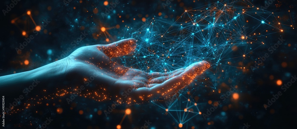 Poster businessman s hands interact with a large data network backdrop showcasing advancements in science a