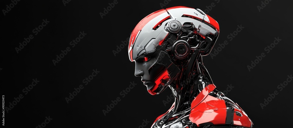 Poster profile view of a futuristic humanoid robot showcasing intricate cyborg features upper body displaye