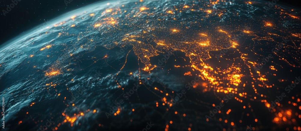 Aufkleber satellite view of electric lights across a continent at night depicting global computer networking c