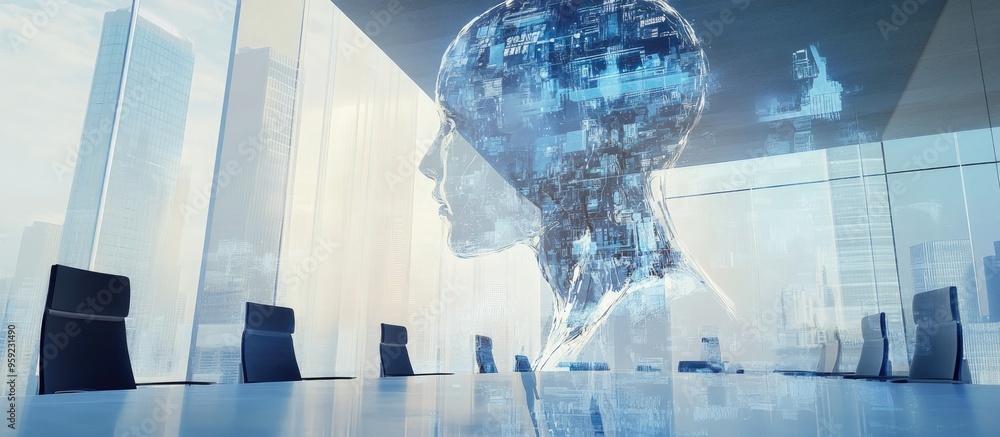 Poster abstract sketch of virtual robotics technology on a contemporary boardroom backdrop illustrating con