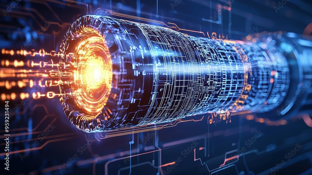 Poster futuristic technology abstract d circuitry digital network data flow cyber security glow orange and 