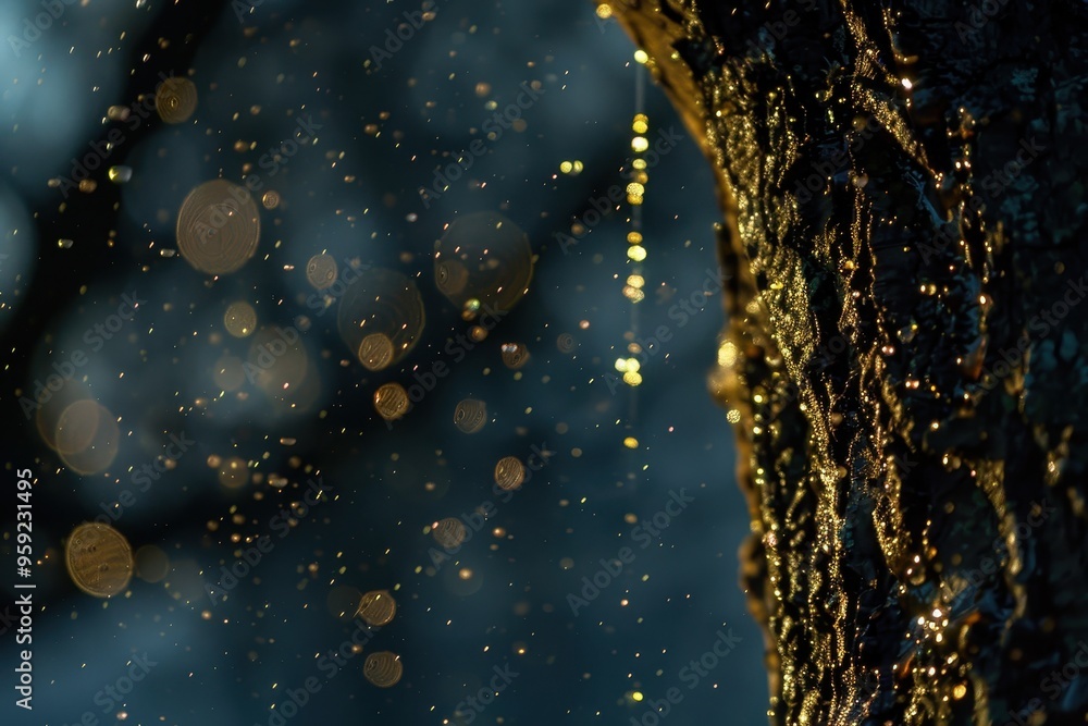 Poster a close up of a tree branch with water droplets tiny droplets of sap oozing from a tree