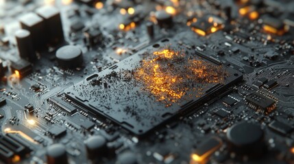 Worn out computer motherboard covered in dust and scratches