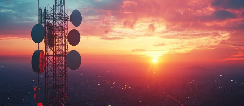 Telecommunication tower for multi generation networks at sunset Features antenna BTS microwave repeater and base station Concept of technology in internet and mobile communication