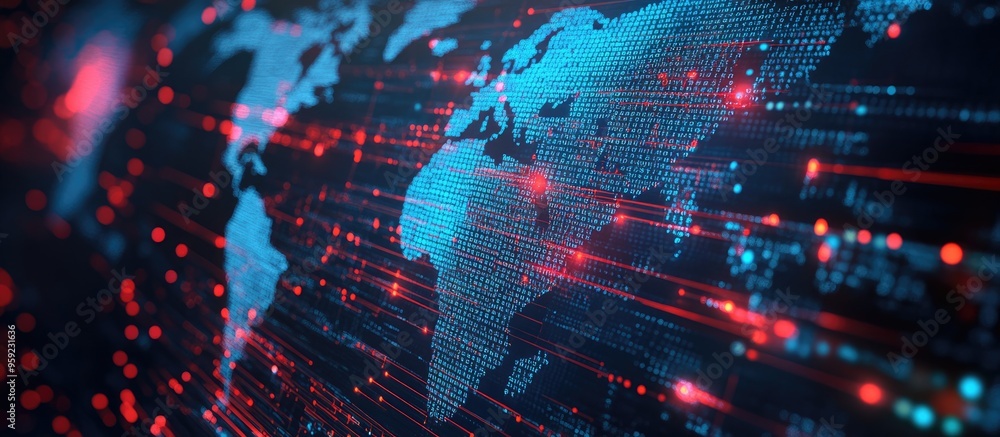 Poster abstract technology backdrop featuring software code lines intertwined with a world map